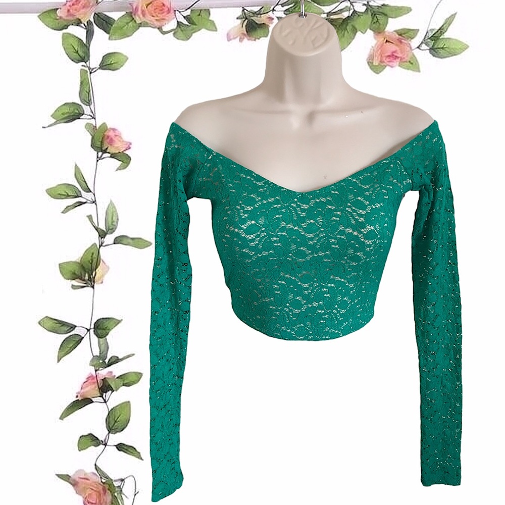 Arden B Off The Shoulder Fully Linned Green Lace Crop Top Size Extra Small